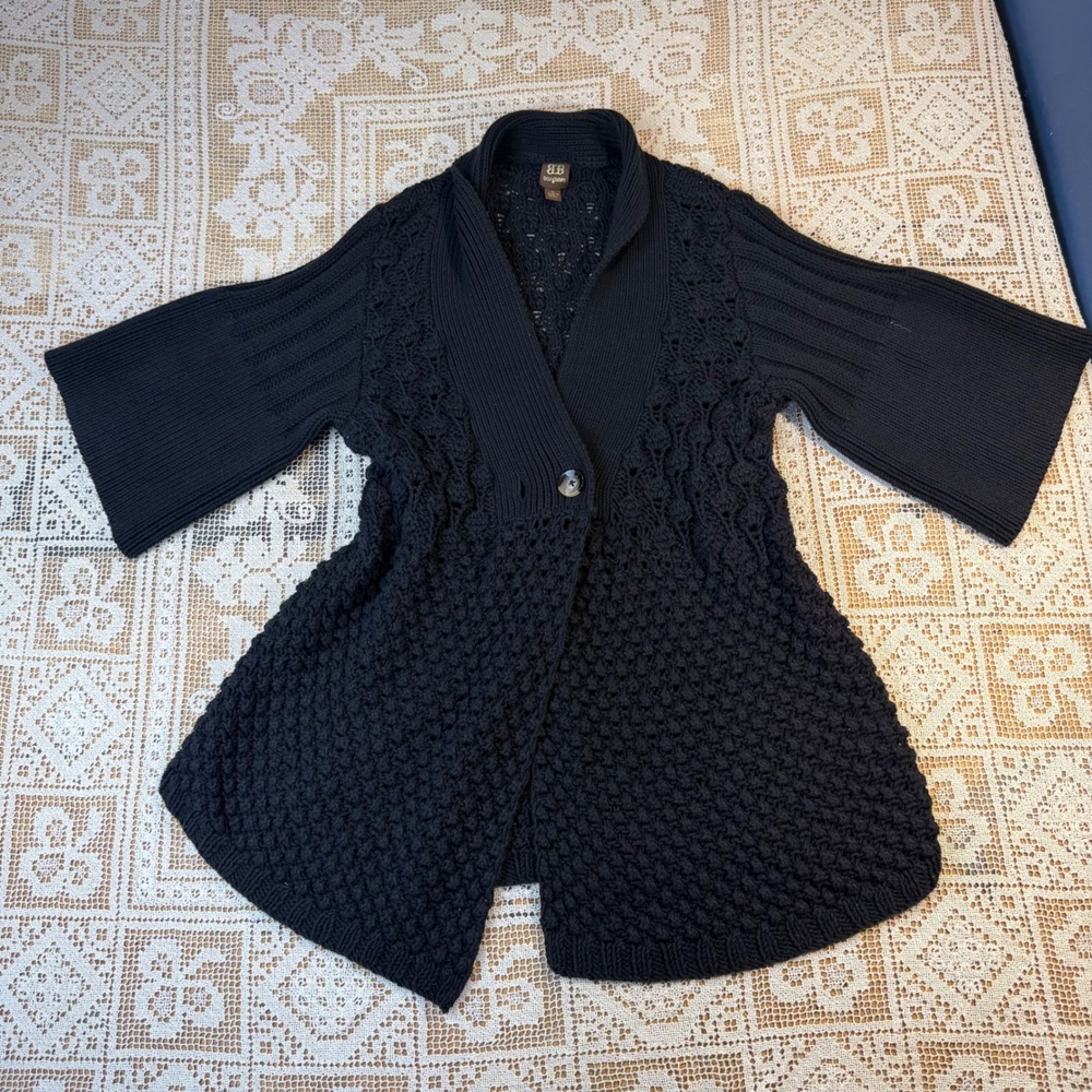 Boo Gemes Black Chunky Knit Cardigan Collar Bell Sleeve Pointelle S Fairy Whimsy